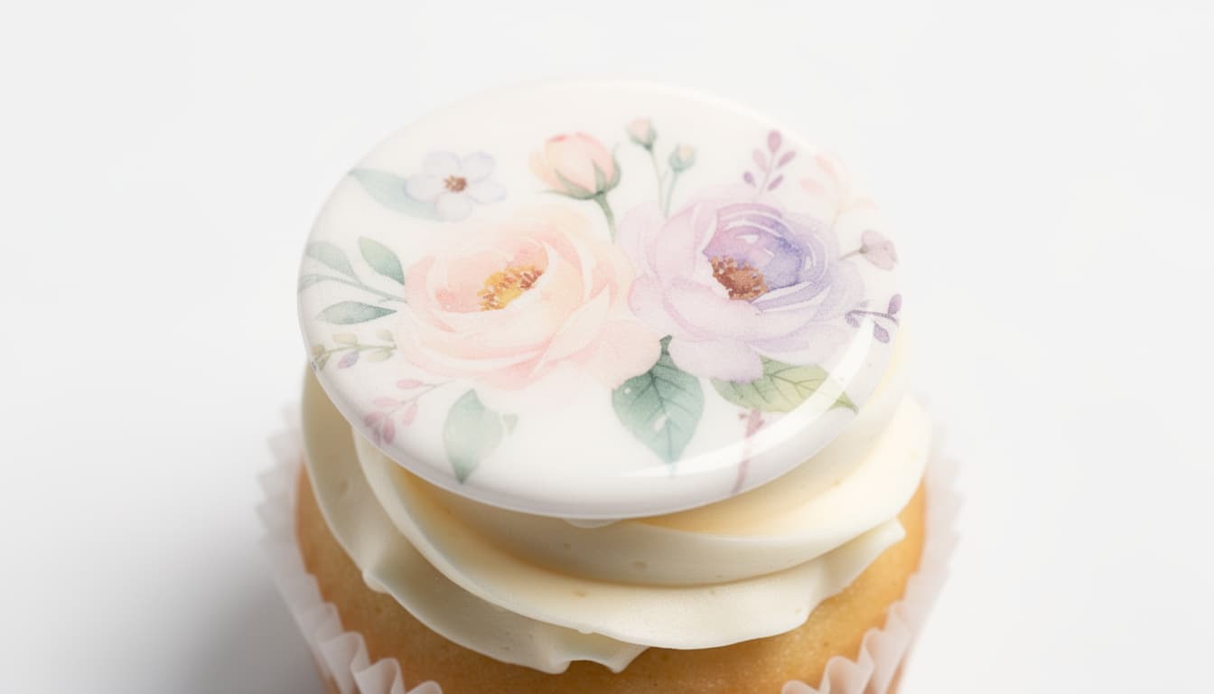 A round edible photo cake topper with a soft floral print on a cupcake against a clean white background
