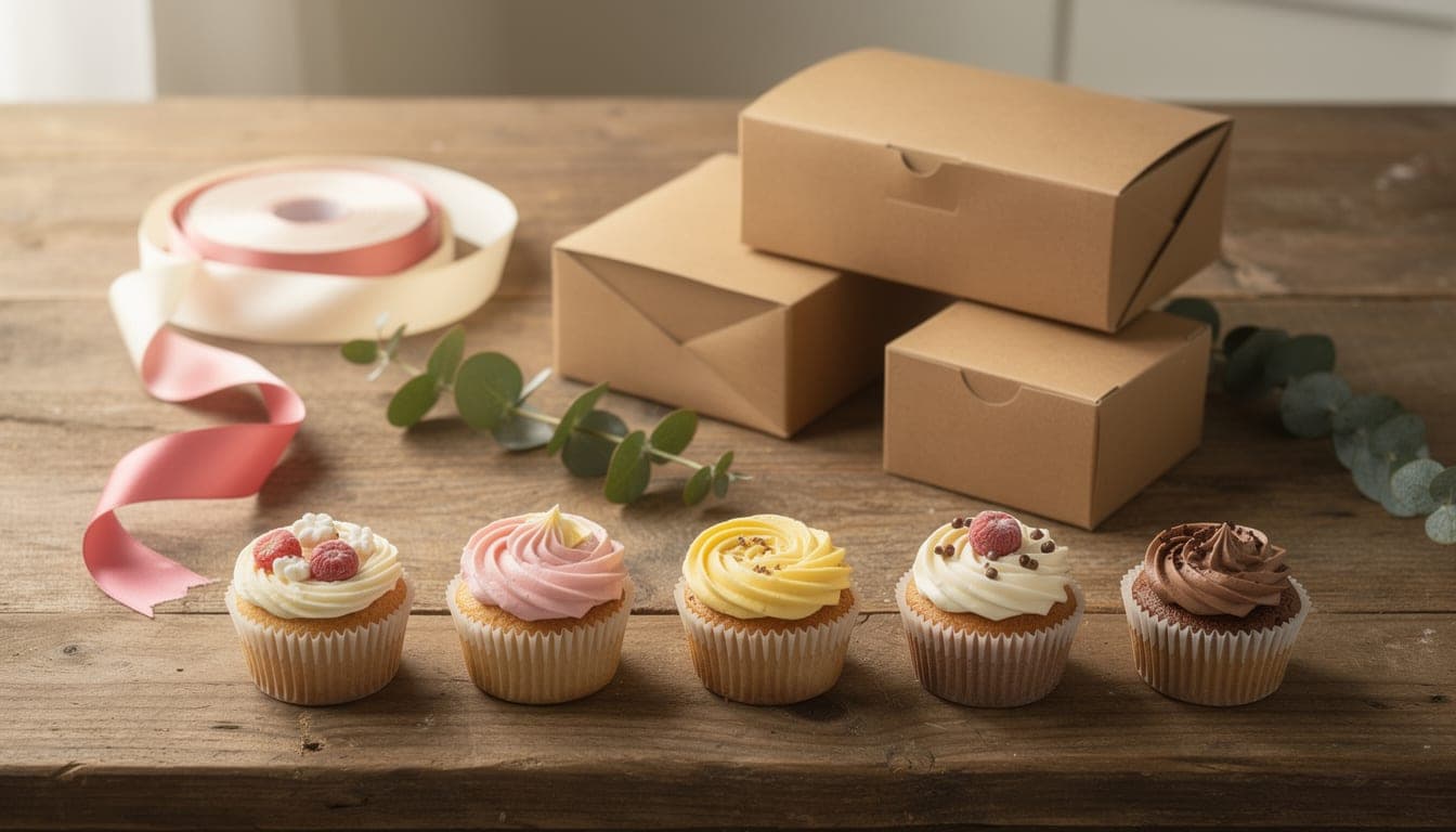 A small-bakery flat lay on a wooden counter — plain kraft cake boxes, satin ribbon, eucalyptus and a row of decorated cupcakes in soft morning light