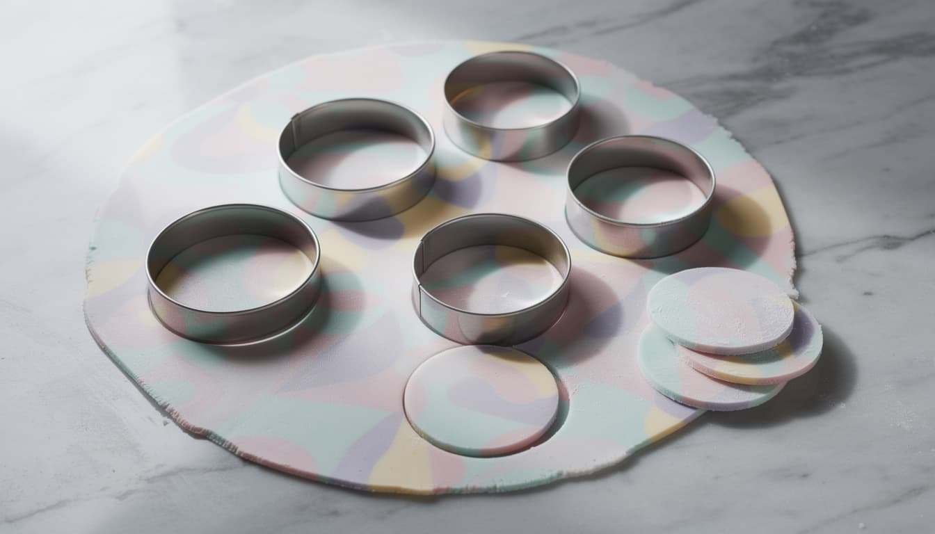 Round metal circle cutters cutting neat discs from a pastel patterned icing sheet