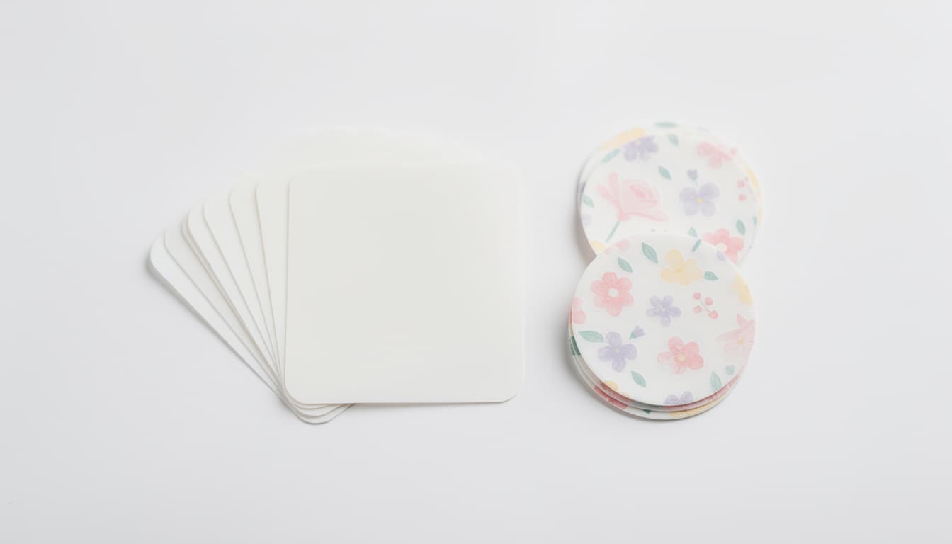 Blank white icing sheets beside a stack of printed floral edible cake topper discs
