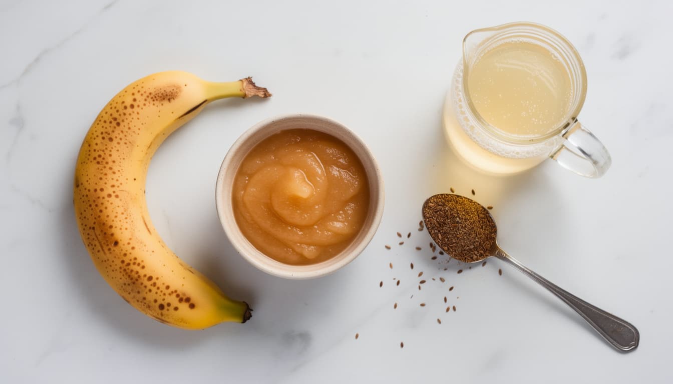 Egg substitutes for baking — a banana, applesauce, ground flaxseed and aquafaba on a marble surface