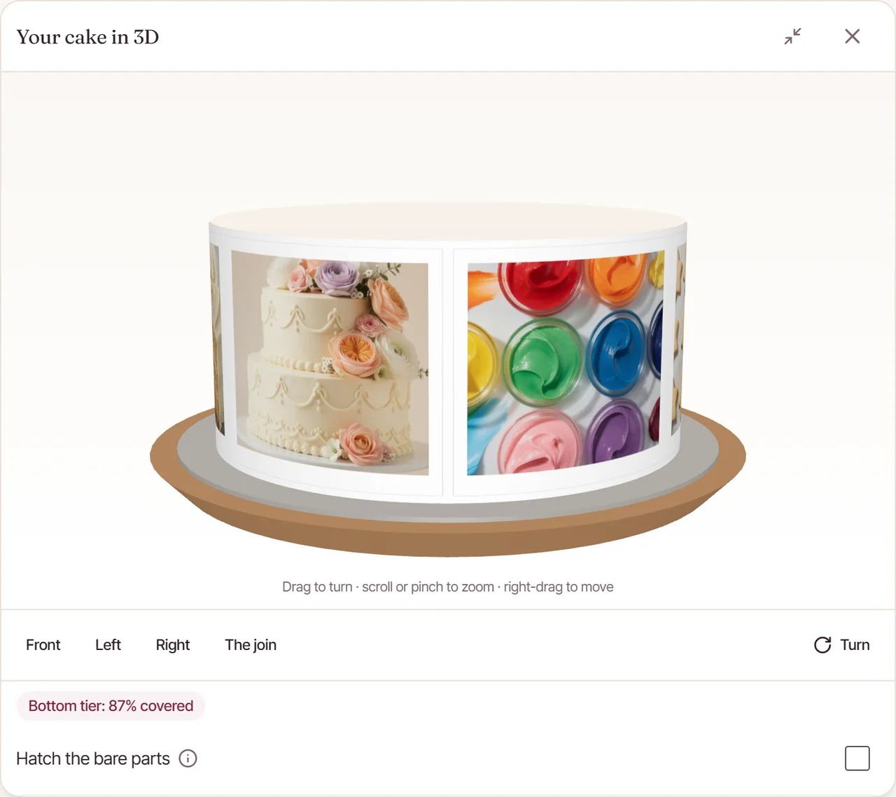 The 3D cake preview in the CakeyTops cake wrap designer, showing a round cake with a printed photo wrap round its side