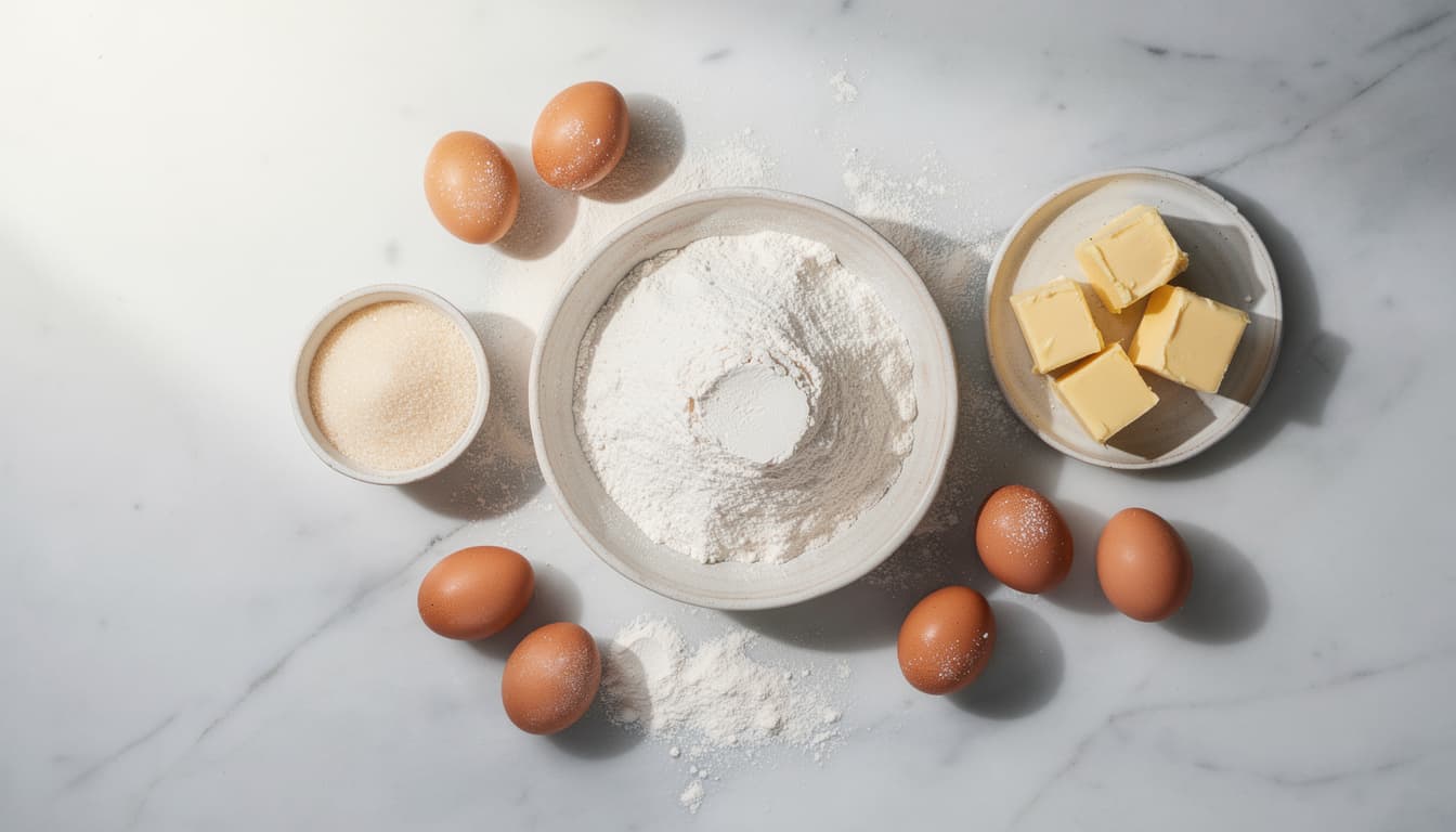 A flat lay of baking ingredients by weight — a bowl of flour, caster sugar, butter and eggs on marble