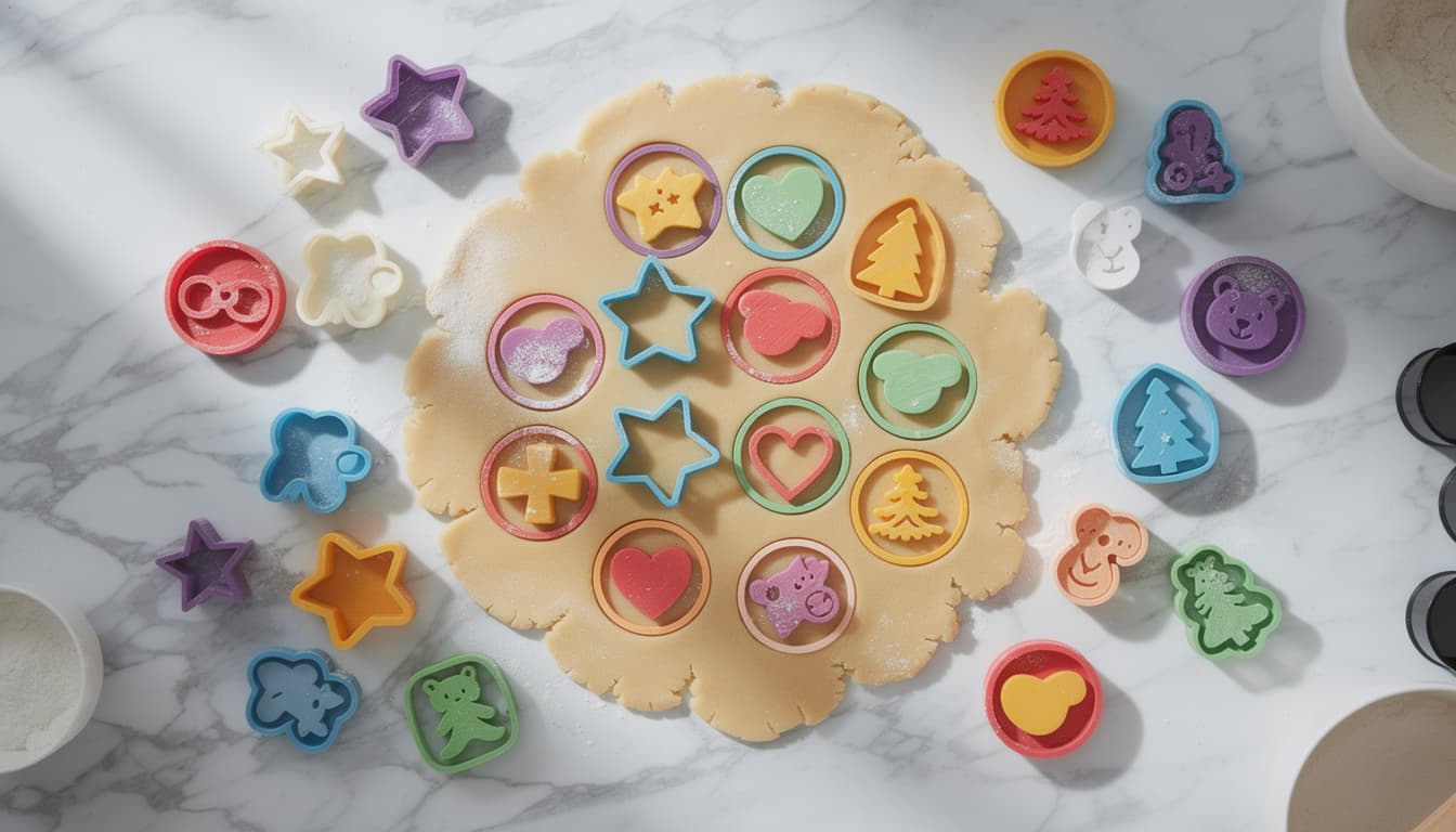 Colourful 3D printed cookie cutters in various shapes arranged on a sheet of rolled cookie dough