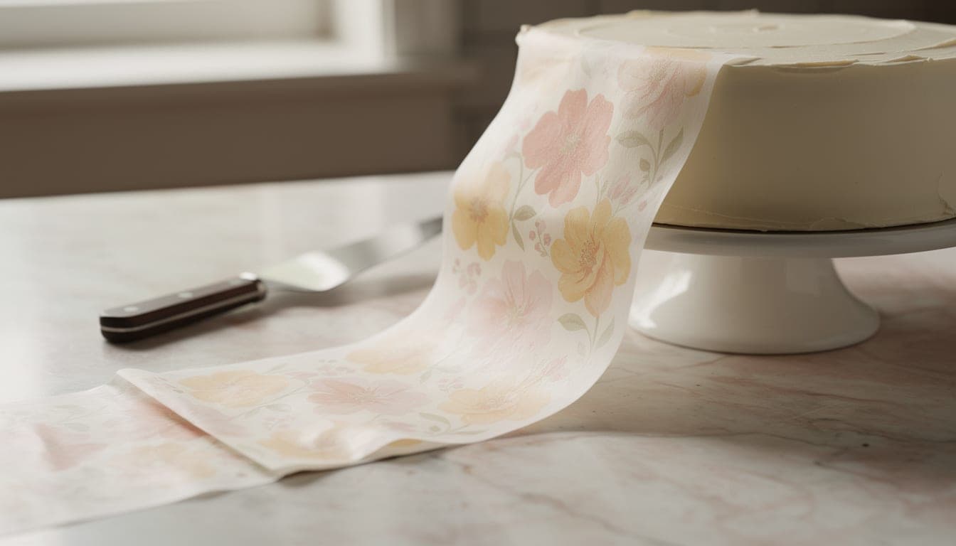 A printed floral edible strip curling up from its backing sheet beside a palette knife and a white buttercream cake