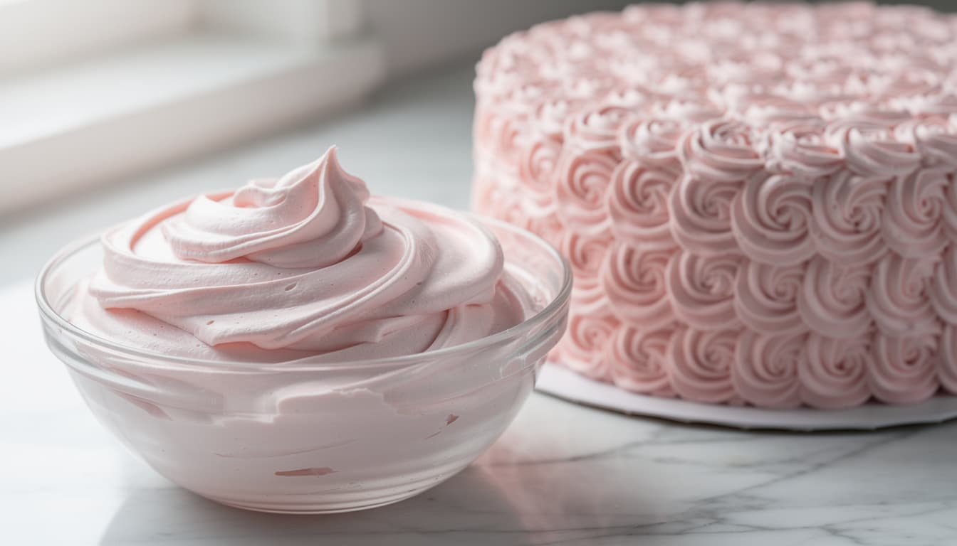 A bowl of smooth pink whipped buttercream beside a cake covered in piped buttercream rosettes