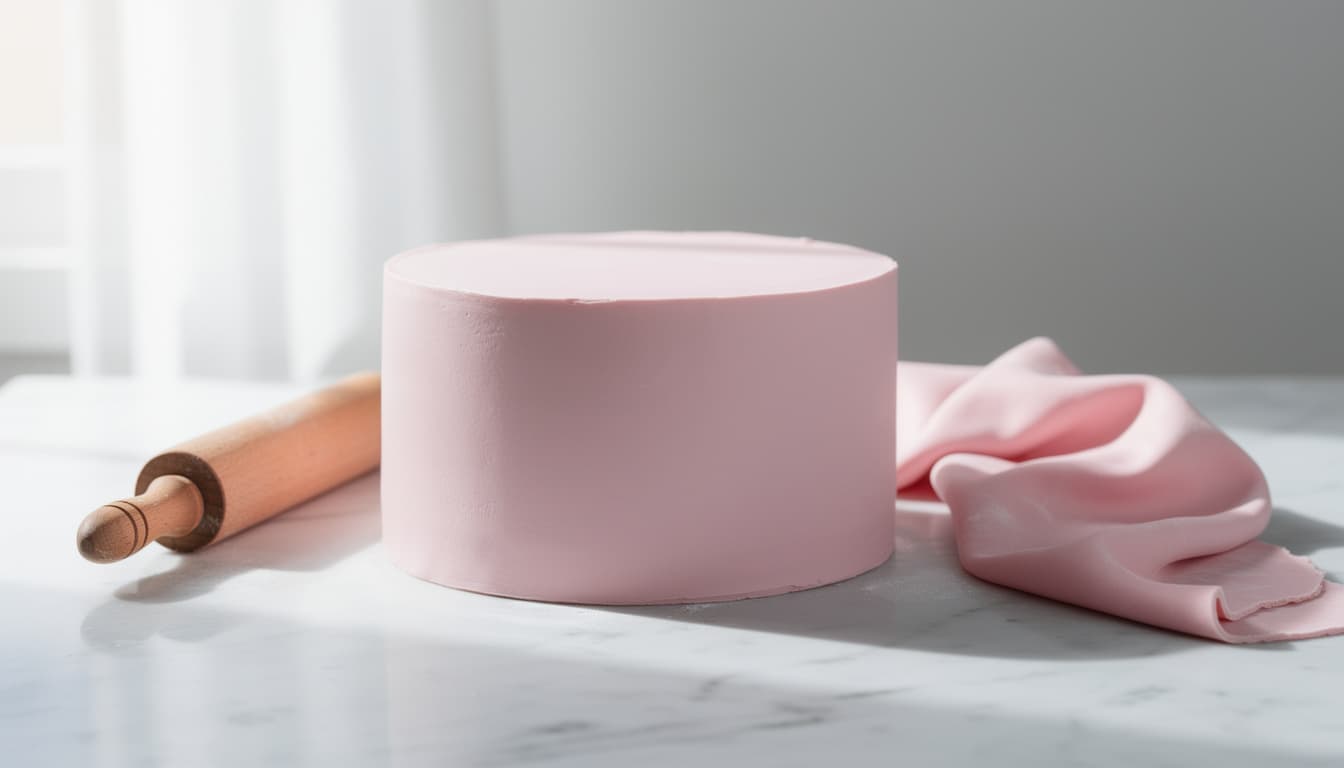 A smooth pink fondant-covered cake beside a wooden rolling pin and a sheet of rolled fondant