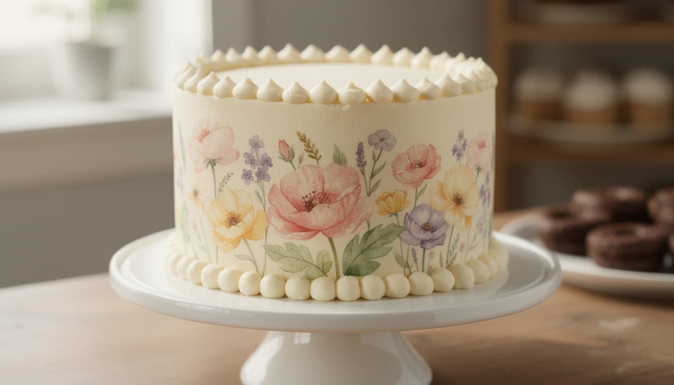 A tall round cake wrapped in a printed edible band of pastel watercolour flowers, with piped buttercream borders round the top and base