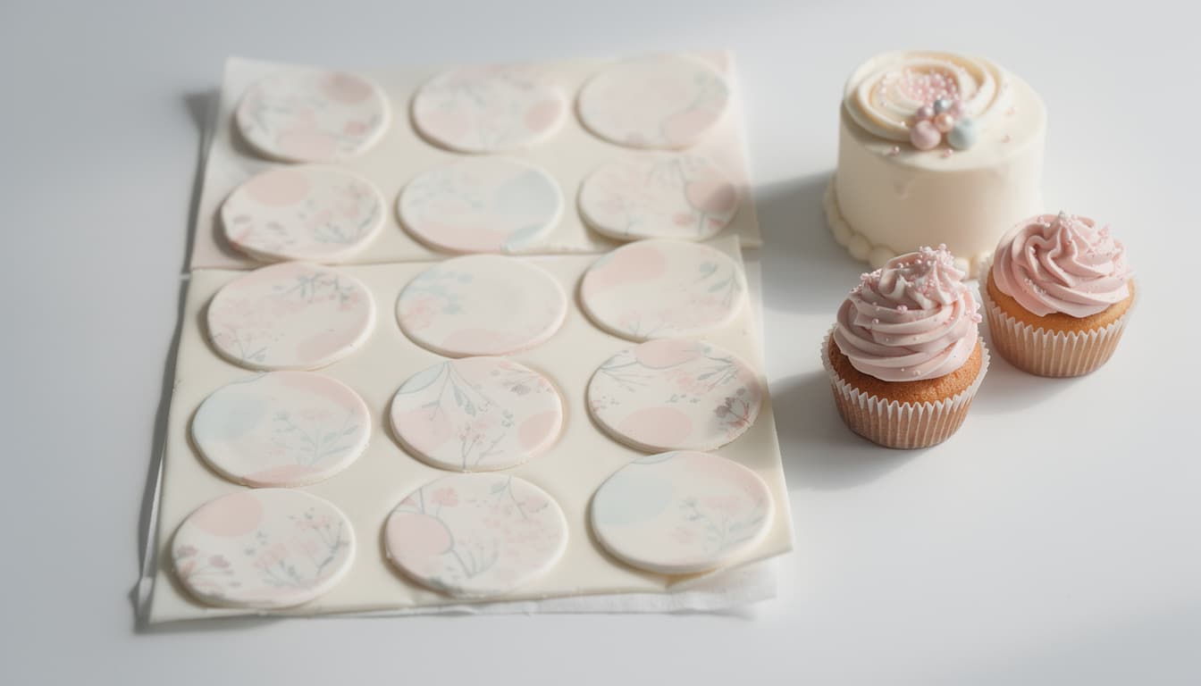 Pastel patterned edible cake toppers on icing sheets beside a small decorated celebration cake and cupcakes