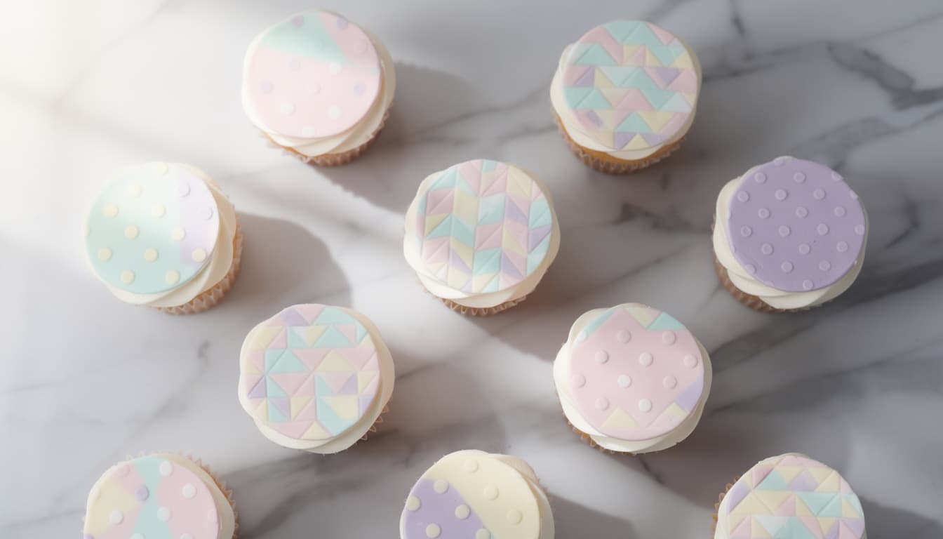 Cupcakes topped with round pastel patterned printed edible discs on a marble surface