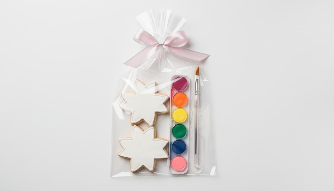 A paint-your-own cookie kit with iced cookies, an edible paint palette and a brush in a cellophane bag