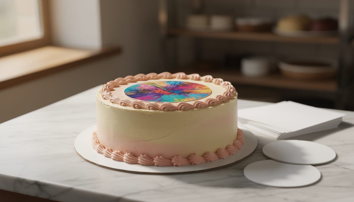 A round edible photo topper with a colourful printed design on a buttercream birthday cake beside blank white icing sheets and cut topper discs