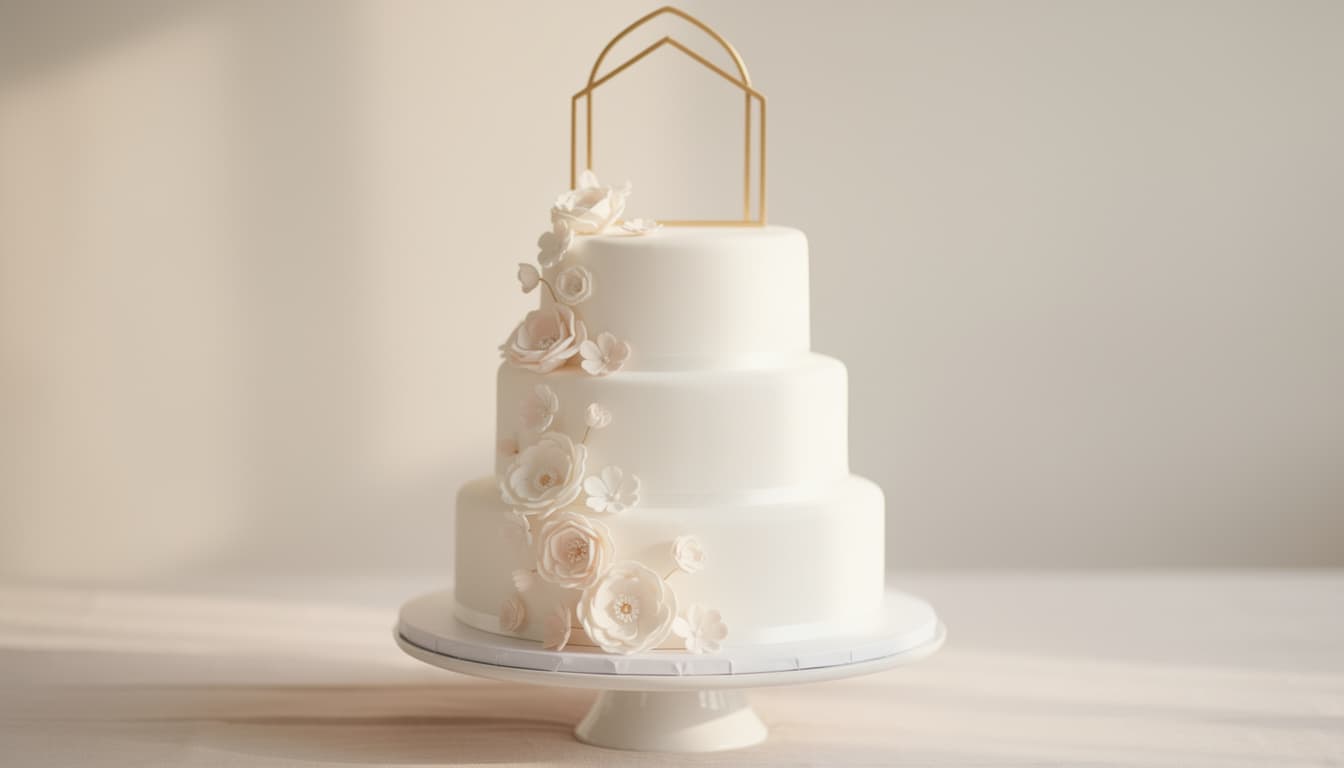 An elegant white three-tier wedding cake with sugar flowers and a minimalist gold geometric topper