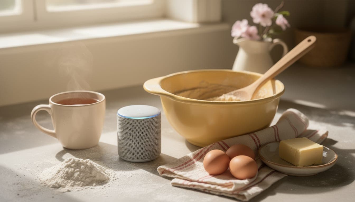 A calm kitchen countertop in soft morning light — a smart speaker and a steaming mug of tea beside a butter-yellow mixing bowl, brown eggs, butter, flour and a sprig of pink blossom