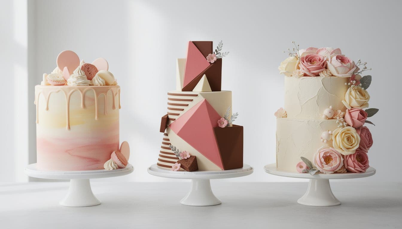 Three celebration cakes in different styles on white pedestals — a pastel watercolour drip cake, a bold geometric cake and a floral buttercream cake