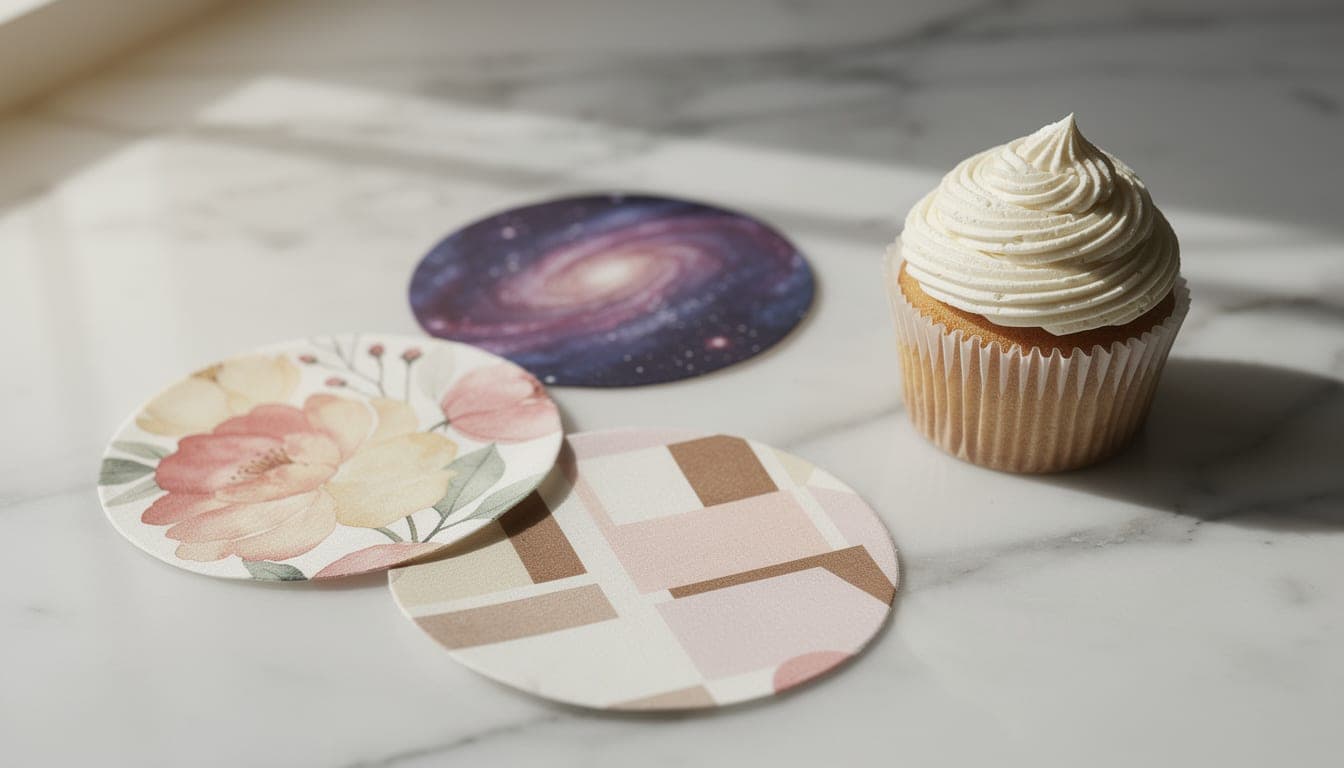 Three round edible cake toppers printed with a galaxy, a watercolour floral and a geometric design on marble beside a frosted cupcake