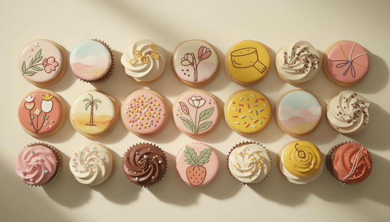 A grid flat lay of decorated sugar cookies and cupcakes, each in a different art style from watercolour to 3D render, on a cream backdrop