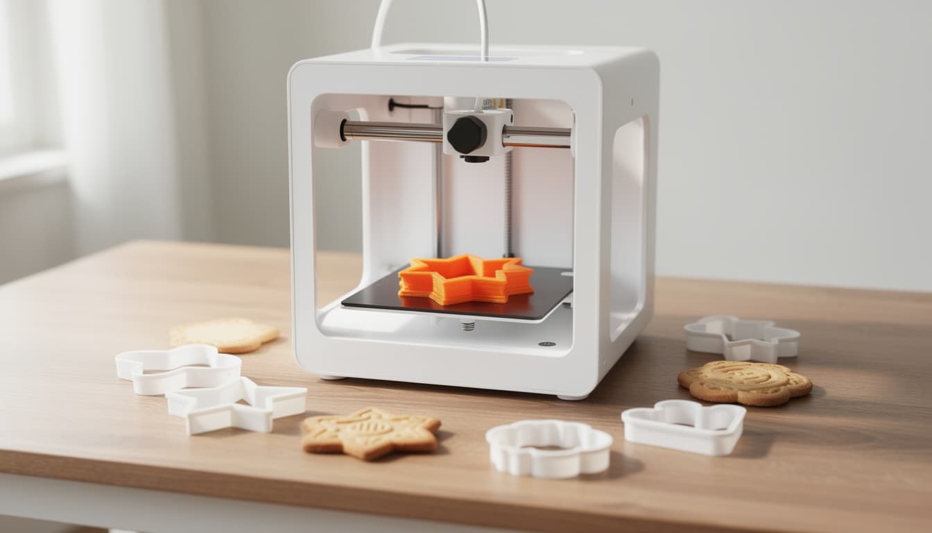 A white desktop 3D printer printing a cookie cutter beside finished cutters and cut-out cookies