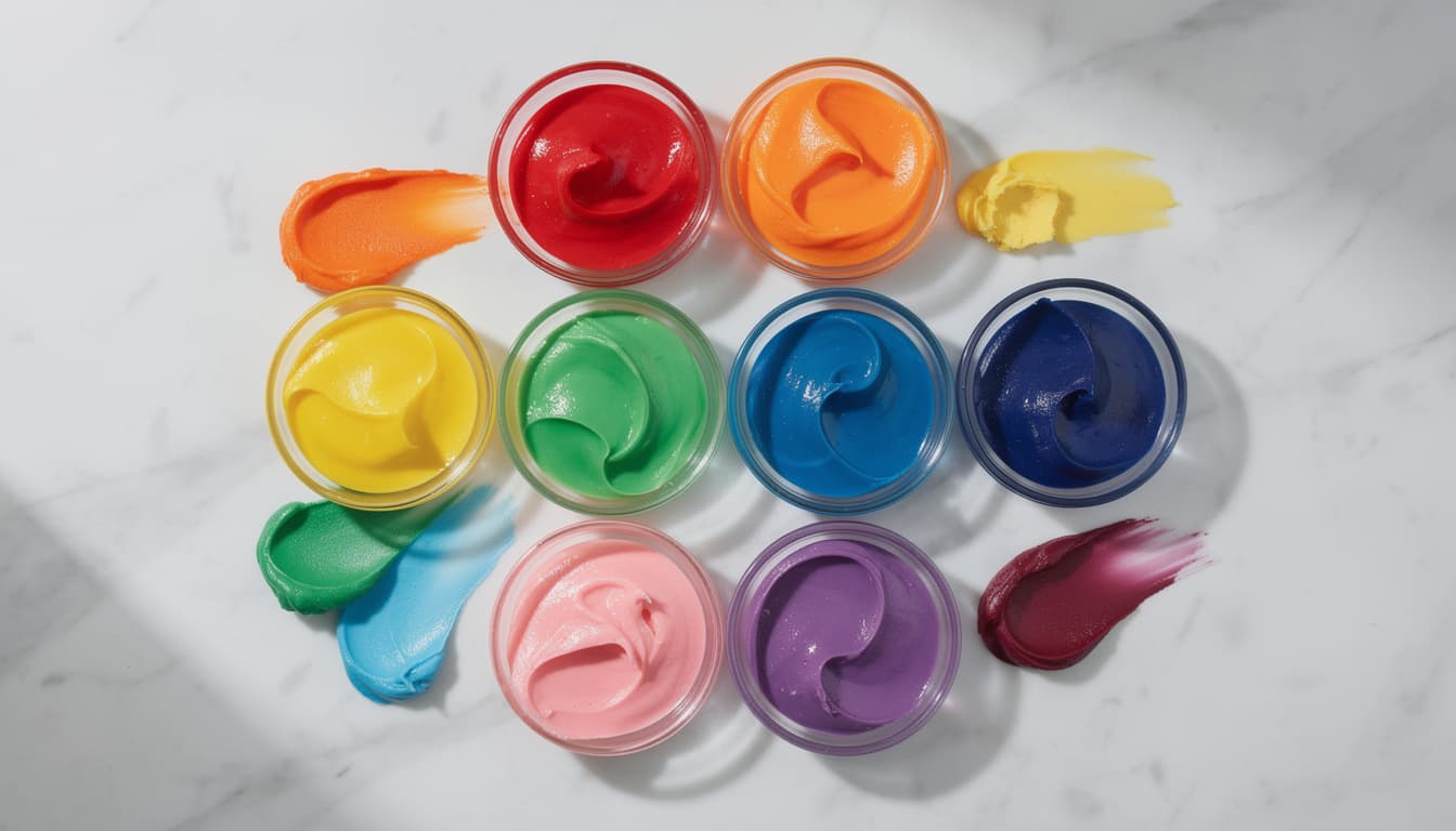 Vibrant rainbow gel food colours in small glass dishes with colourful buttercream swatches