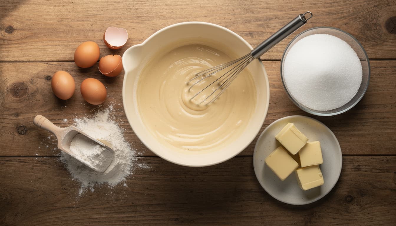 A rustic flat lay of cake batter, brown eggs, flour, butter and sugar on a wooden kitchen counter