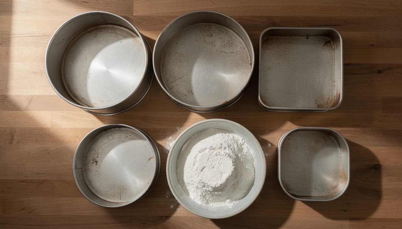 Round and square metal cake tins of different sizes arranged on a wooden counter with a bowl of flour