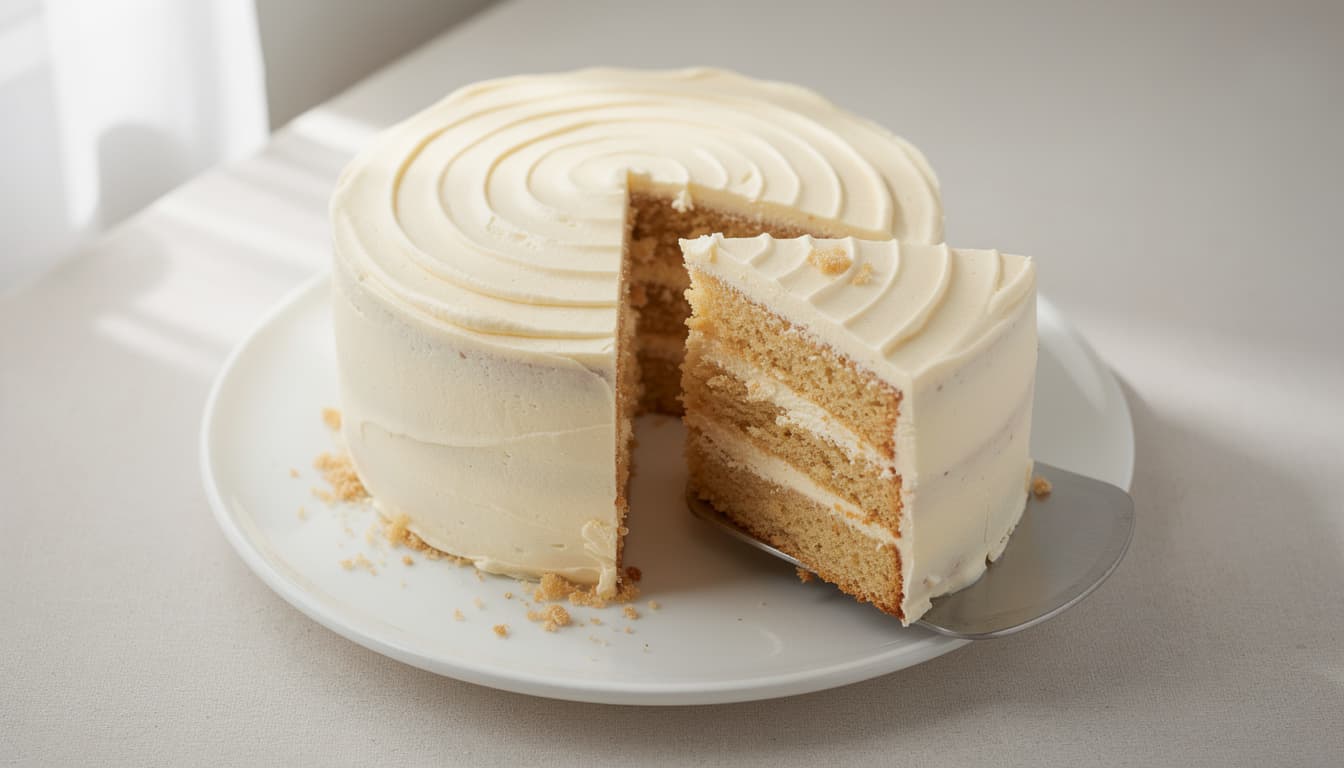A round vanilla layer cake with one slice lifted out, showing the sponge and buttercream layers