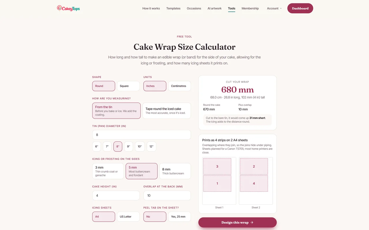 Screenshot of the CakeyTops Cake Wrap Size Calculator set to a round cake measured from the tin, 8 inch diameter, 5 mm icing. It shows 680 mm to cut: 670 mm round the cake plus a 10 mm overlap, with a note that cutting to the bare tin would come up 31 mm short.