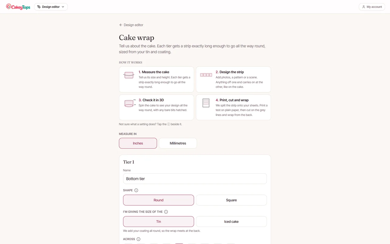 Screenshot of the CakeyTops cake wrap setup page. Four cards explain the steps: measure the cake, design the strip, check it in 3D, then print, cut and wrap. Below them, an inches or millimetres switch and the Tier 1 form where you enter the cake’s size.
