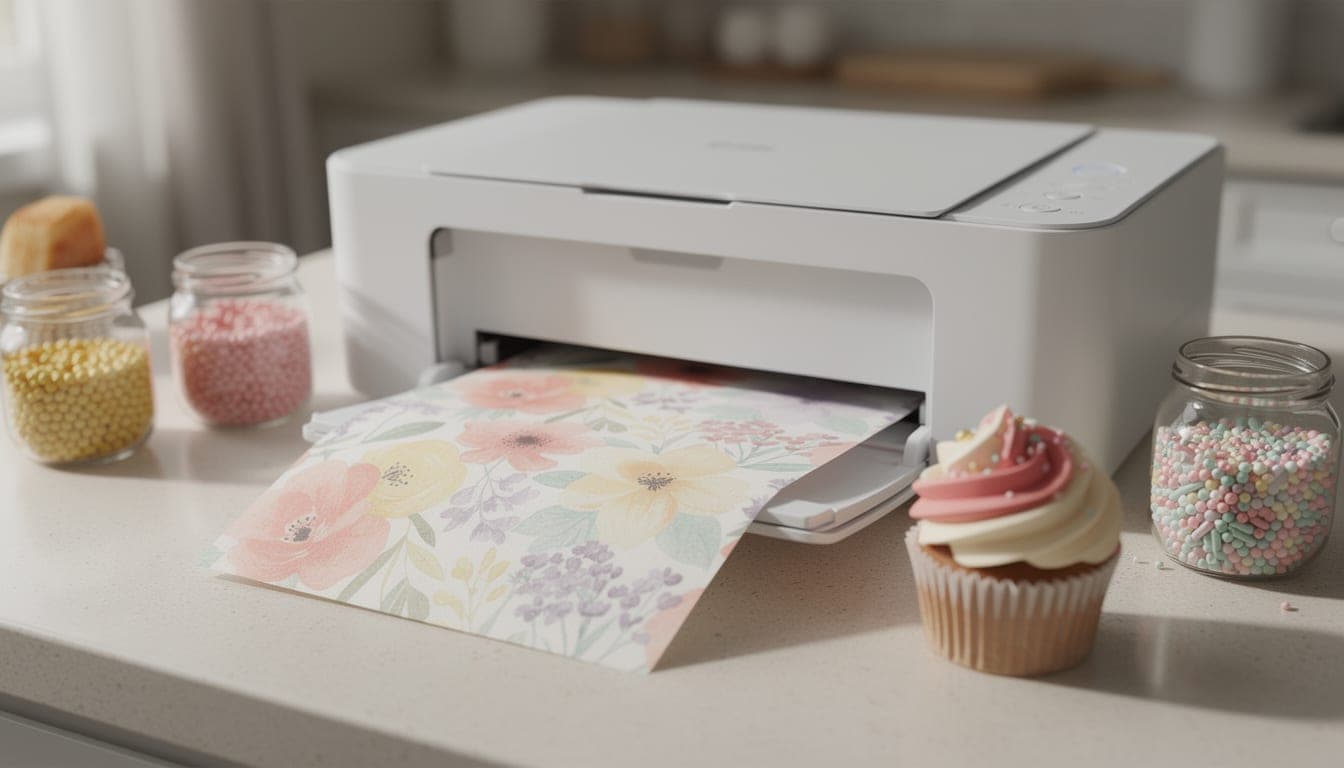 A white home inkjet printer on a kitchen counter with a printed floral sheet in its tray, beside jars of sprinkles and a cupcake