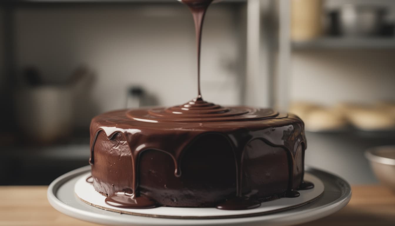 Glossy dark chocolate ganache being poured over a cake with smooth shiny drips down the sides