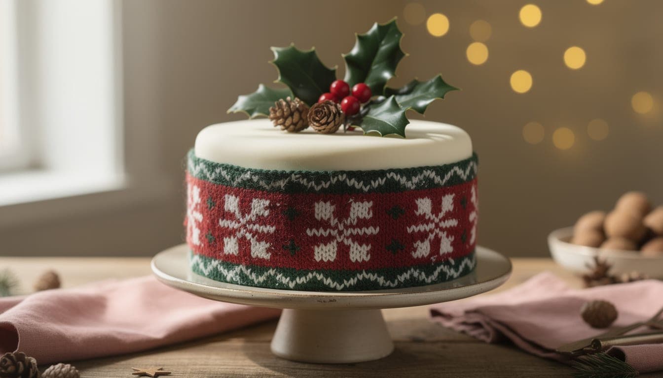 A white-iced Christmas cake wrapped in a red, green and white Fair Isle pattern band, topped with holly and pine cones, with fairy lights behind