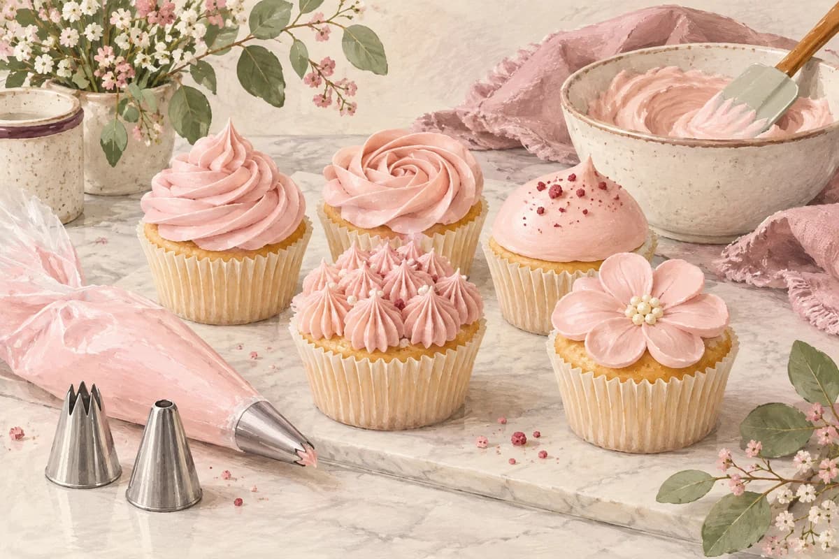 Painted illustration of pink buttercream cupcakes, piping nozzles and a bowl of frosting