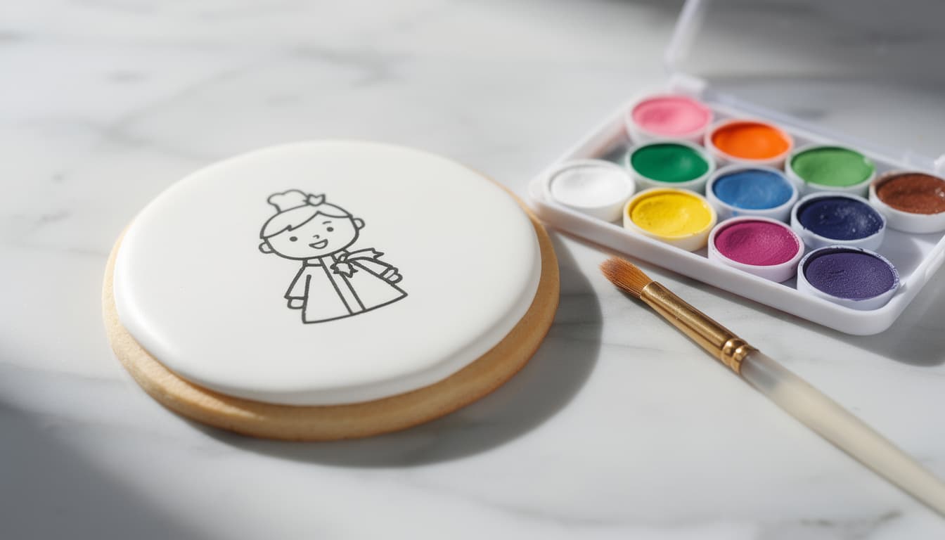 A paint-your-own cookie with a simple outline design beside a colourful edible paint palette and brush