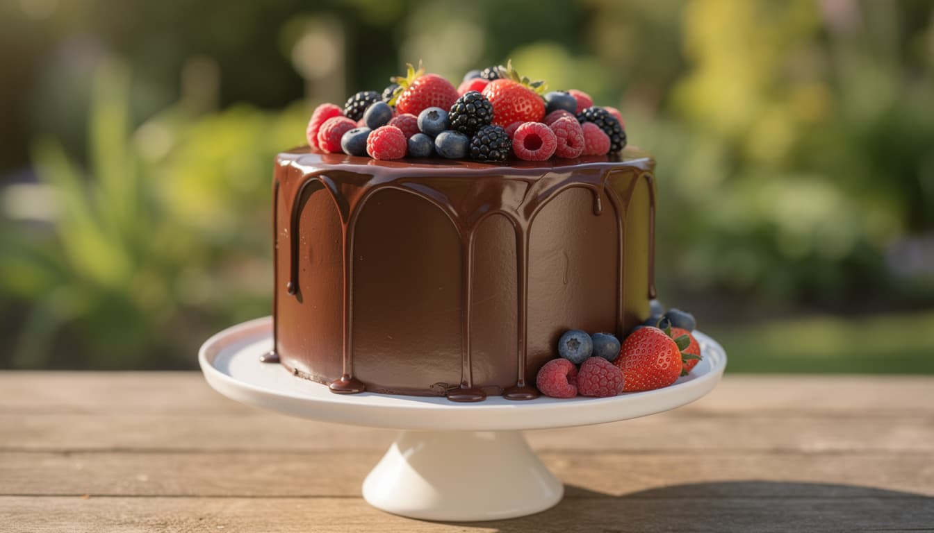 A chocolate ganache drip cake topped with fresh berries on a cake stand in a sunny summer garden