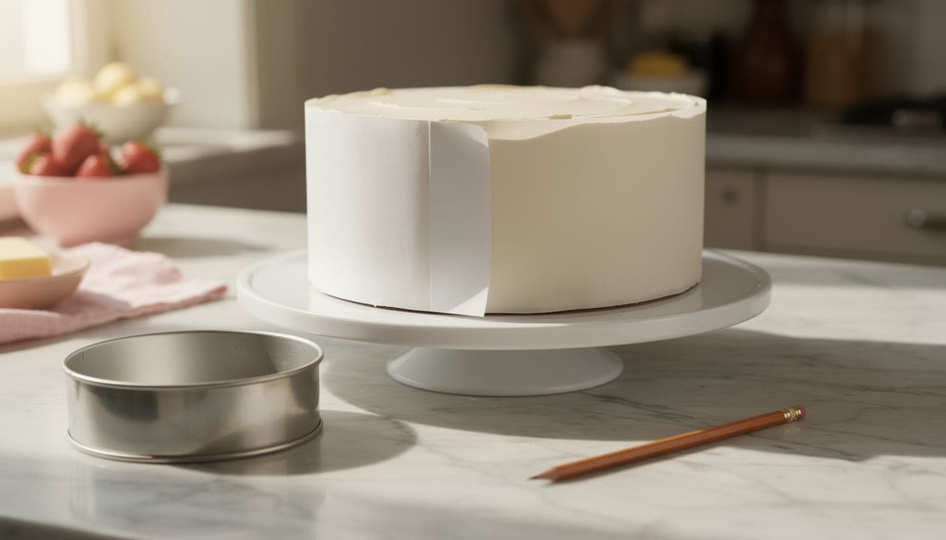 A strip of white baking parchment being wrapped round a smooth white buttercream cake as a paper template, with an empty round tin and a pencil on a marble counter