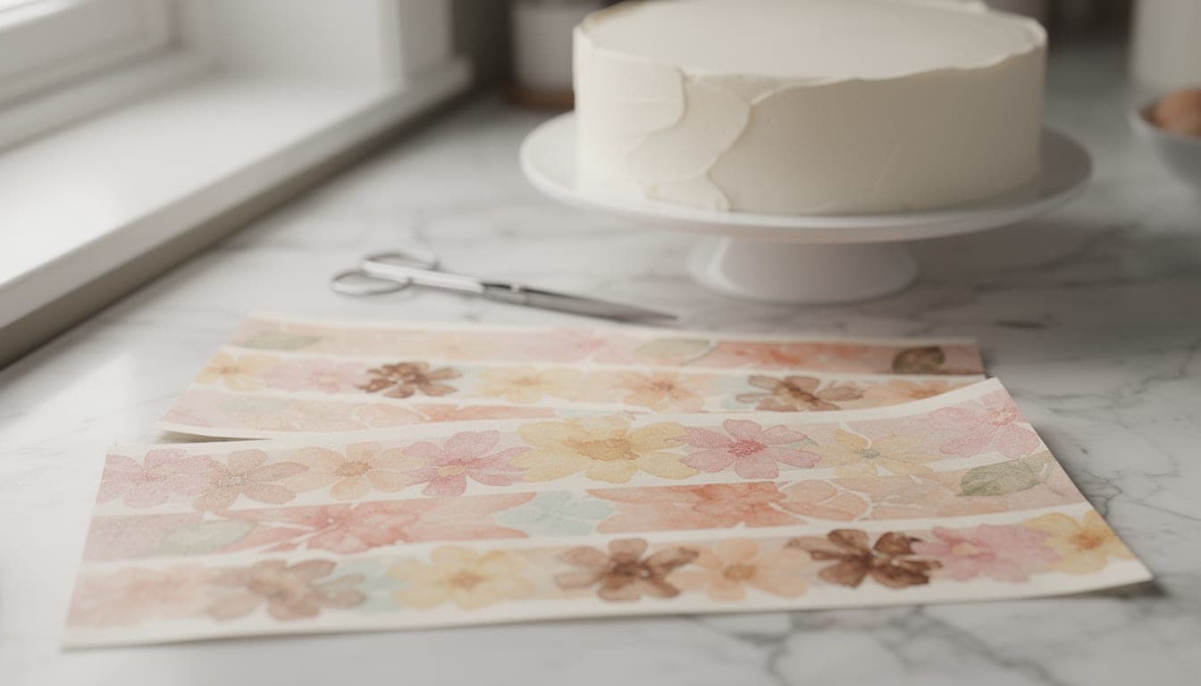 Two icing sheets printed with long strips of pastel watercolour flowers on a marble counter, with scissors and a white buttercream cake behind