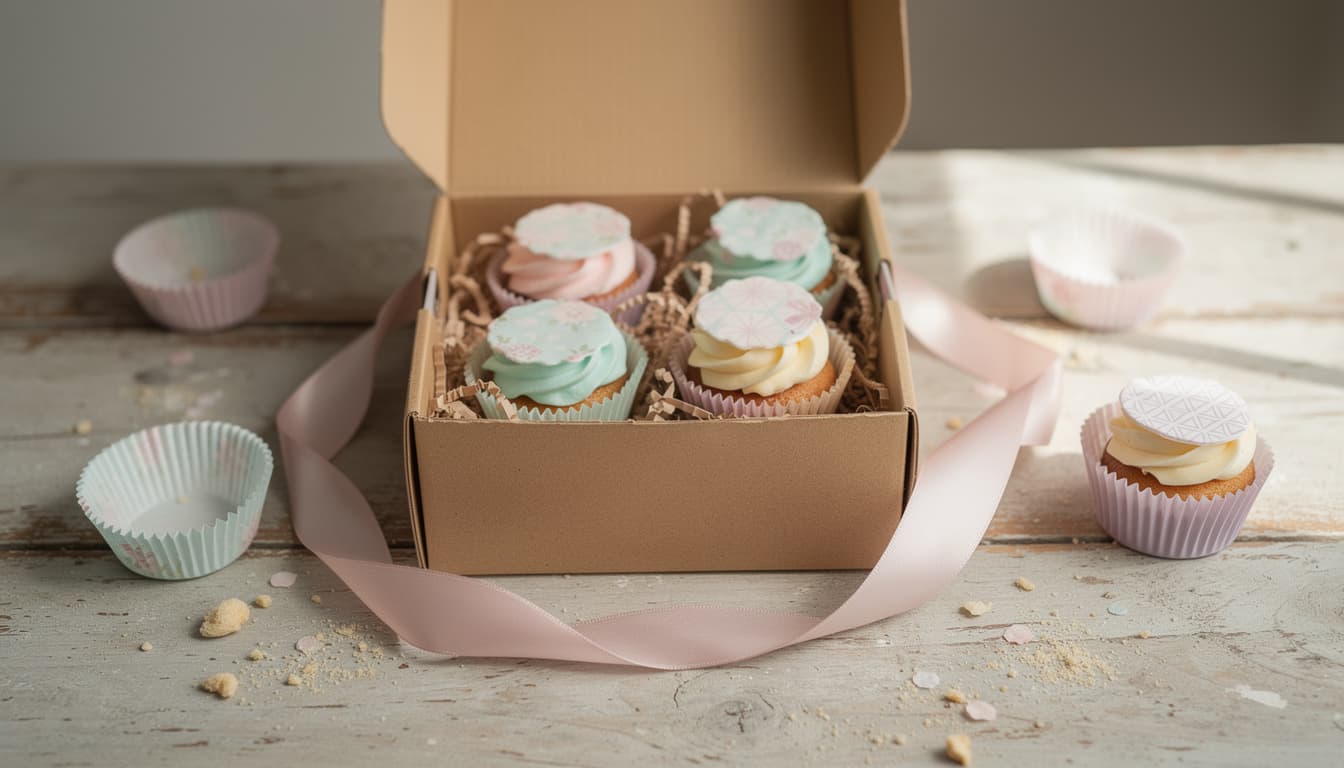 Cupcakes with pastel patterned edible toppers packaged in a kraft gift box tied with ribbon
