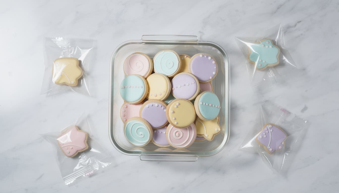 Decorated pastel royal icing cookies in an airtight glass container with more in sealed cellophane bags