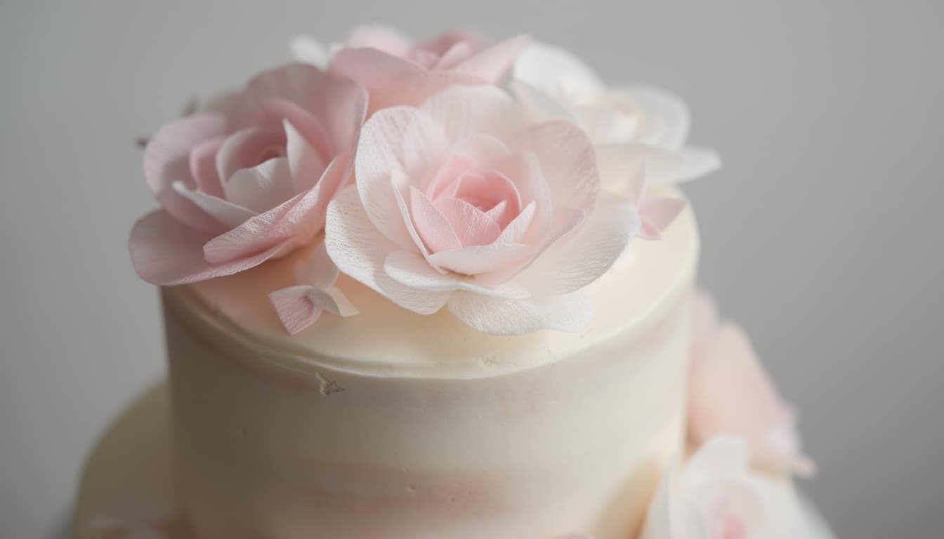 Delicate pink and white wafer paper flowers arranged on top of a pale buttercream cake