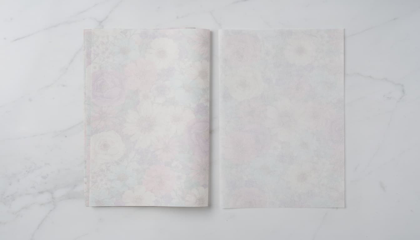 An icing sheet and a wafer paper sheet side by side, each printed with a soft pastel floral design