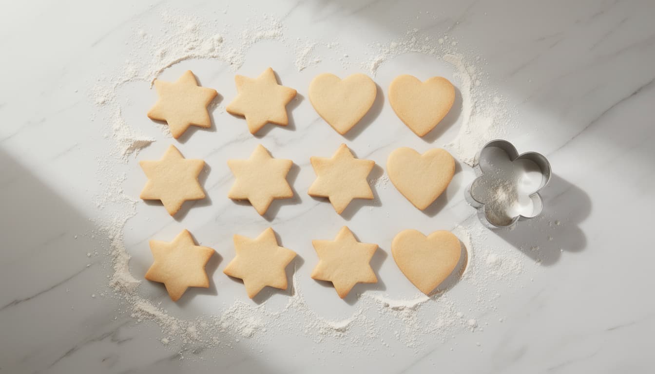 Crisp-edged star and heart cut-out sugar cookies holding their shape on a floured marble surface beside a cookie cutter