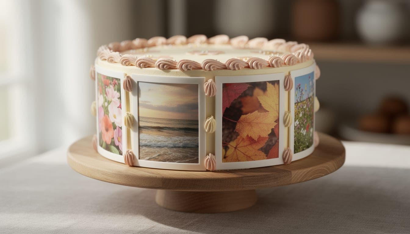A round cake wrapped with framed photo panels of flowers, a seaside sunset and autumn leaves, with piped buttercream rosettes between them