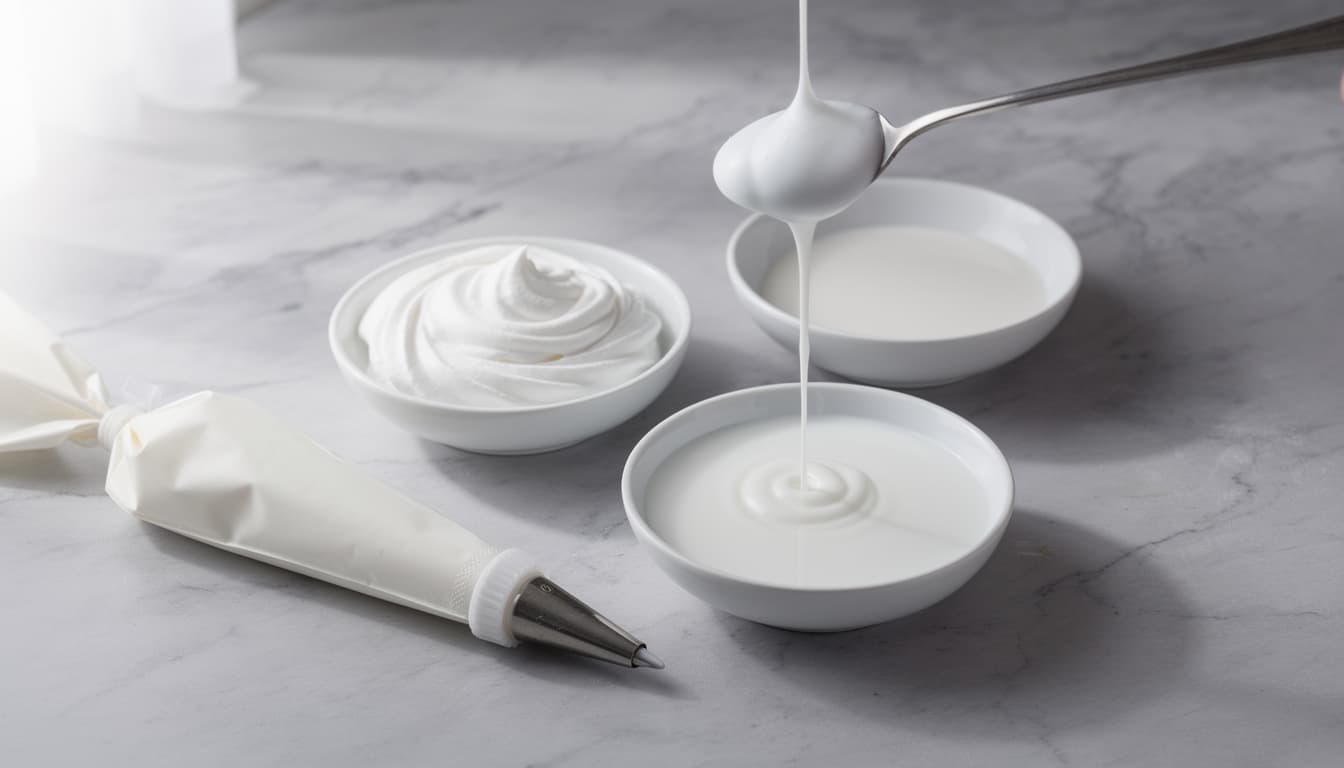 Bowls of white royal icing at different consistencies with a piping bag and a ribbon of icing on a spoon