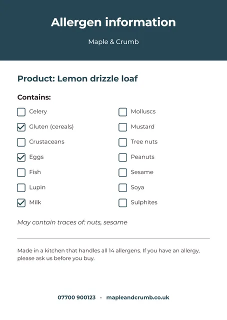 Allergen information card template preview
