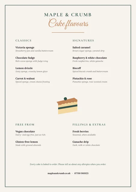 Cake flavours menu template preview