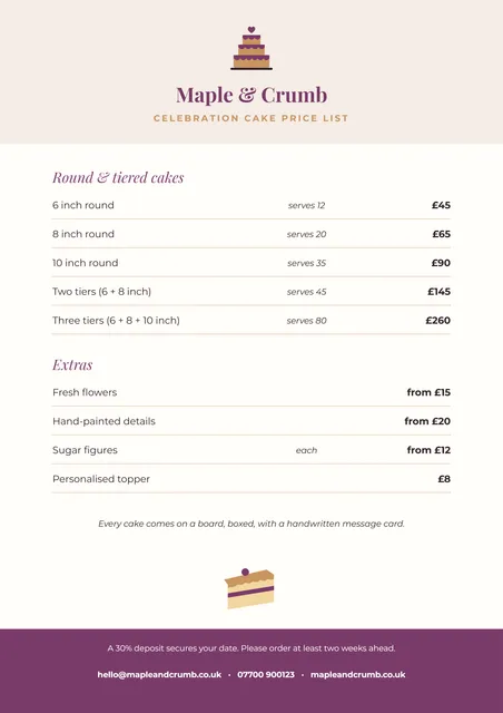 Celebration cake price list template preview