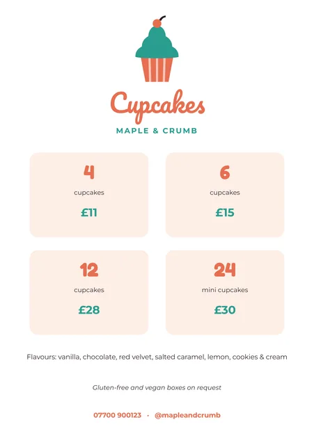 Cupcake price list template preview