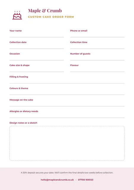 Custom cake order form template preview