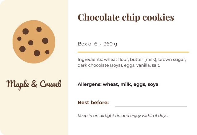 Cookie box label with ingredients template preview